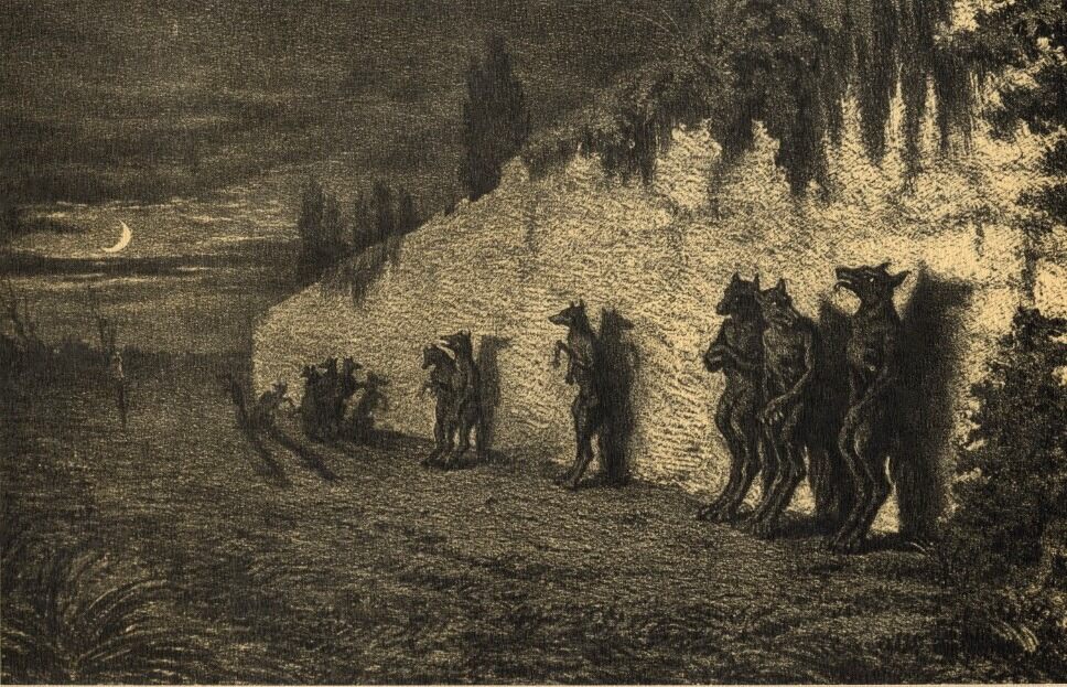 artenpedia's tweet image. Maurice Sand, Werewolves leaning against the wall of a cemetery at night, 1858