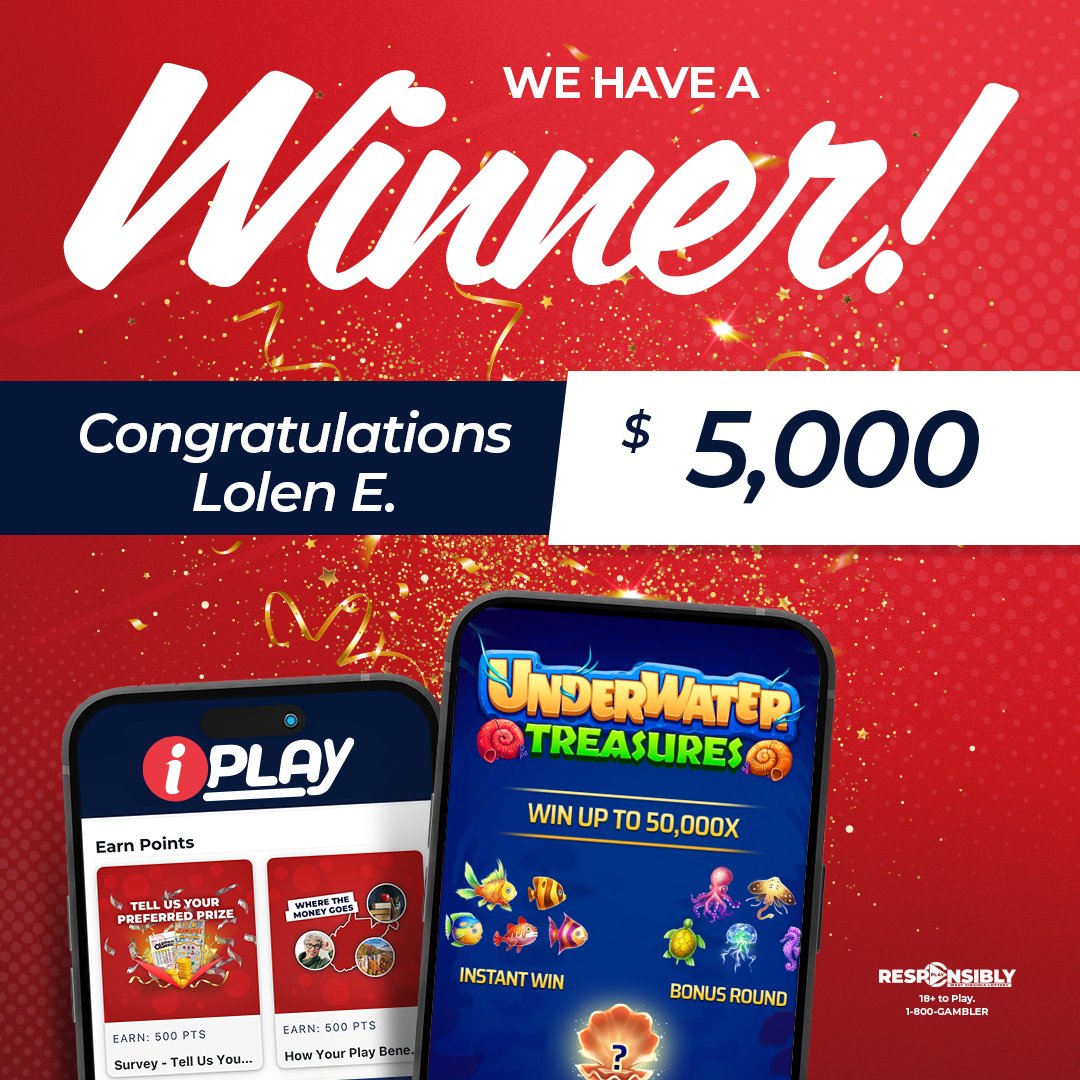 📱💰Congratulations to Lolen E.. on winning $5,000 playing Underwater Treasures on iPLAY.  #PlayON #iPLAY #Winner