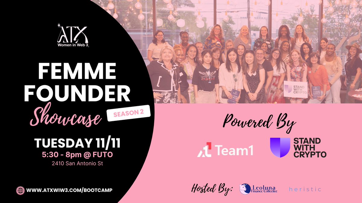 ✨ FINAL CALL! ✨
Join us TOMORROW for the Femme Founder Showcase 💎
🎤Founders, mentors &amp; innovators sharing what they’ve built
📅 Nov 11 | 🕠 5:30–8PM
📍 FUTO, near UT
🎟️ RSVP → luma.com/k762mjlh

Come celebrate Big Femme Energy in action 💜
#FemmeFounder #WomenInWeb3