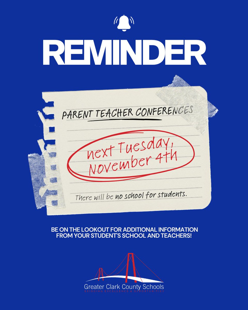 GCCSchools's tweet image. Friendly reminder: NEXT 𝗡𝗼𝘃𝗲𝗺𝗯𝗲𝗿 4 is Parent-Teacher Conferences. There will be no school for students. Please be on the lookout for additional information from your student&apos;s school and teachers! 

To view the 2025-2026 School Calendar, visit: loom.ly/xPyLz6g