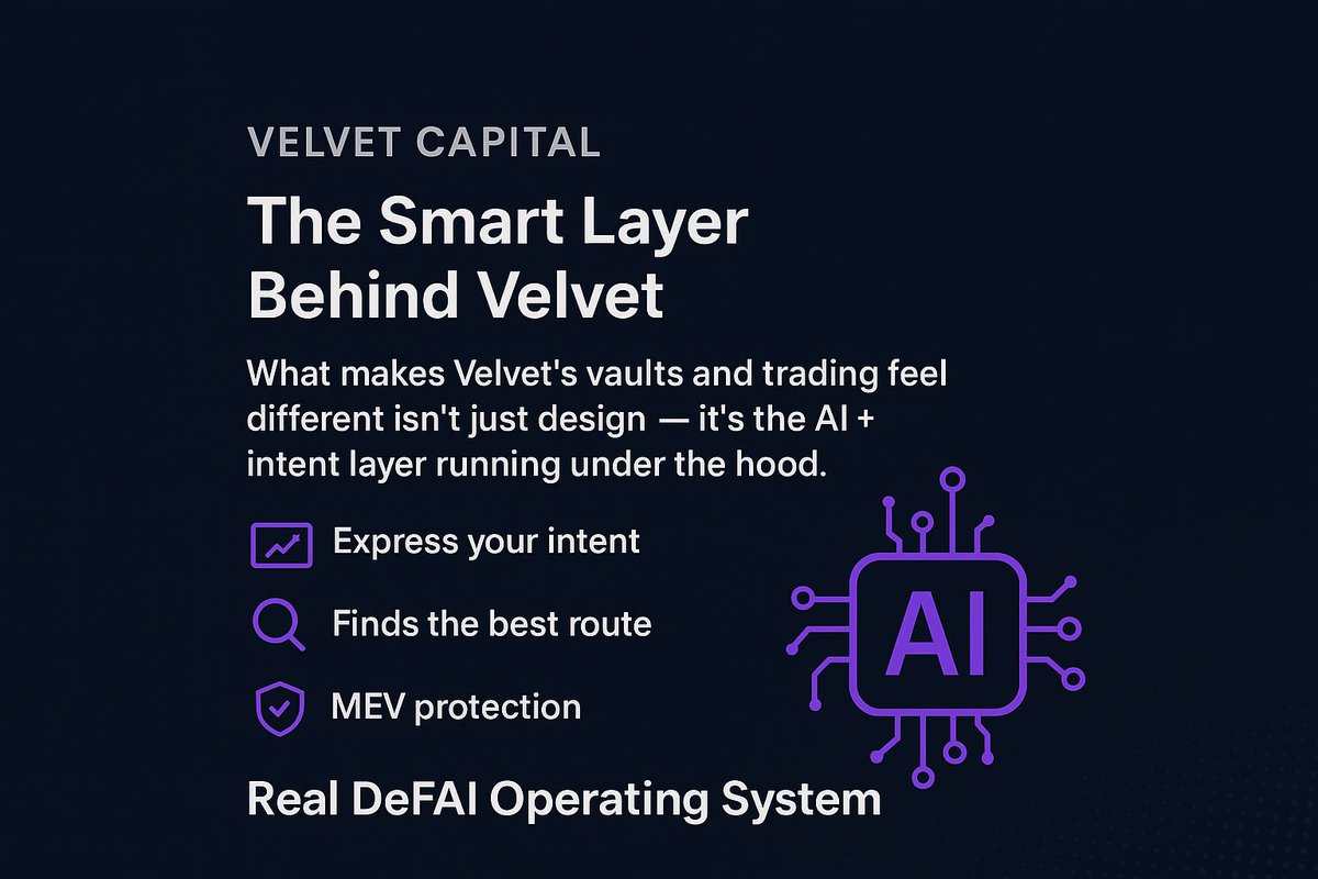 0xTmony's tweet image. What makes Velvet’s vaults and trading feel different isn’t just design, it’s the AI + intent layer running under the hood.

Instead of manually hopping between chains or protocols, you simply express your intent, and @Velvet_Capital system finds the best route, executes it, and