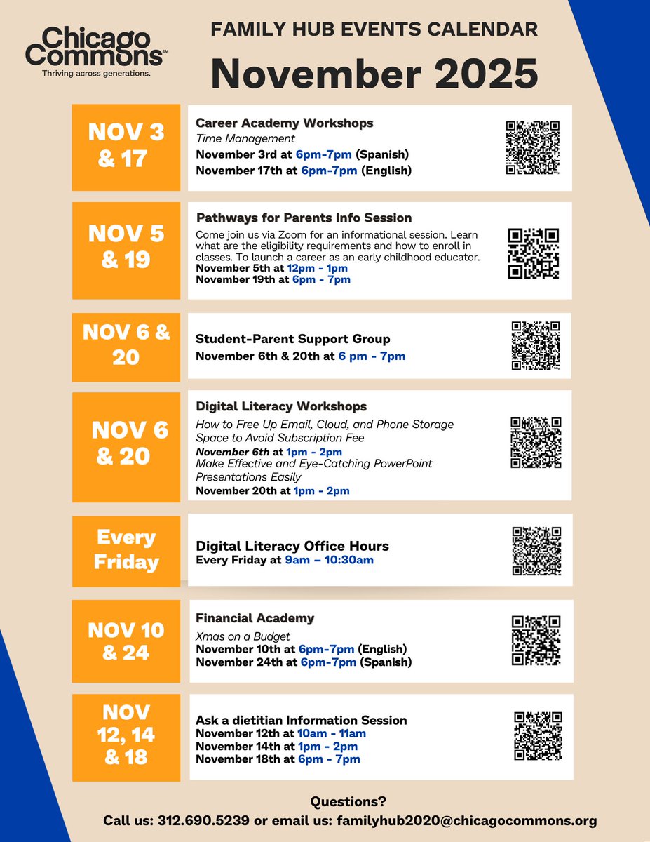 ChicagoCommons's tweet image. El calendario de noviembre de Family Hub está repleto de oportunidades para que los padres aprendan, se conecten y se sientan apoyados. Consulte el calendario completo en nuestro sitio web: bit.ly/4mlCACc
⠀
#ChicagoCommons #FamilyHub