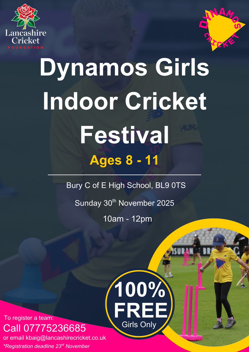 📢Dynamos Girls Indoor Cricket Festival

📍 Bury C of E High School, BL9 0TS

💰100% Free

🗓️30th November 10am 12pm

👧For girls aged 8-11

To sign up contact Kay: 07775236685 / kbaig@lancashirecricket.co.uk