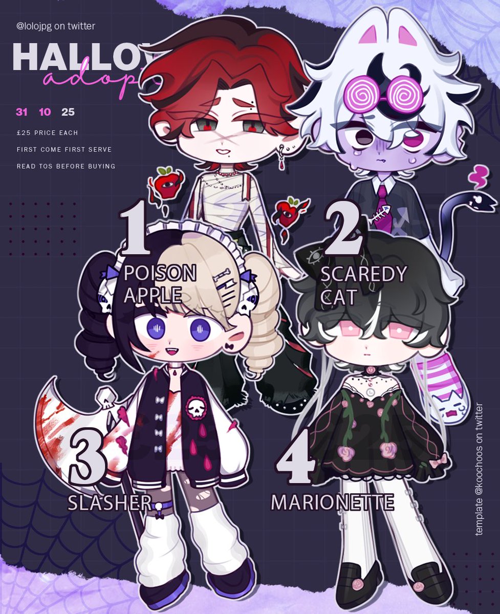 🎃 [RTS APPRECIATED!] 🎃

Happy Halloween! It's time for a spooky #adoptable batch 👻 available on my Kofi for £25 as per usual, and you'll receive the files instantly upon purchase! ❤️‍🩹 ko-fi.com/lolojpg/shop