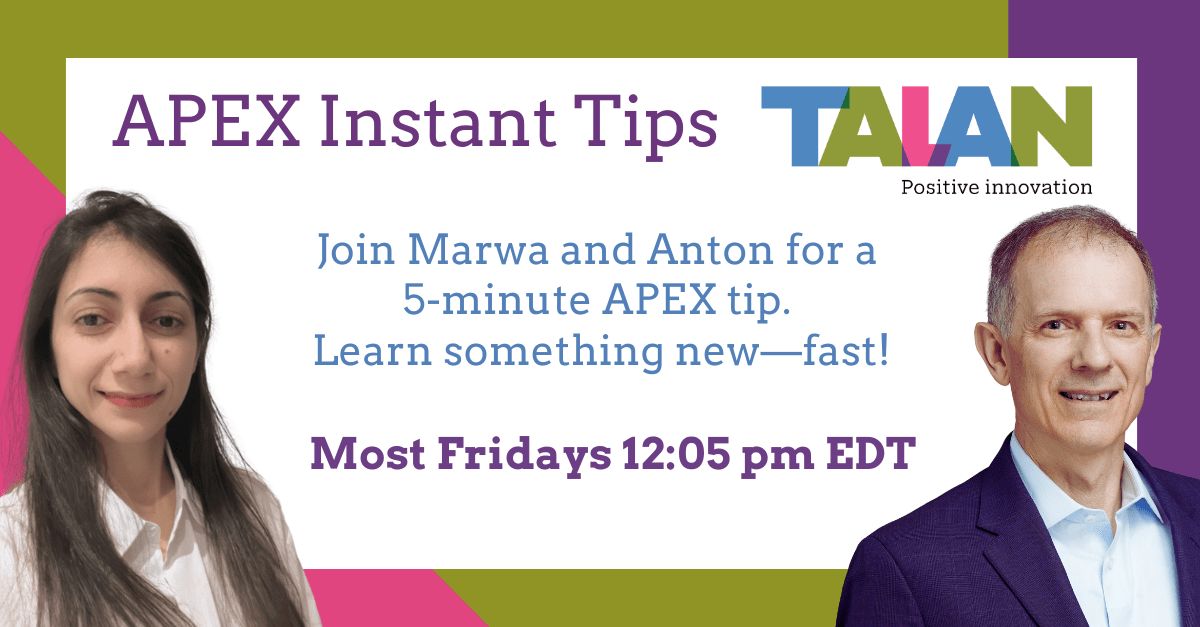 TalanOracleTech's tweet image. Join Anton & Marwa today at 12:05 p.m. ET for a quick, practical #orclapex tip: Using Authorization Schemes to make items read-only—and even in SQL statements! #APEXInstantTips #184 youtube.com/watch?v=PNWDes…
