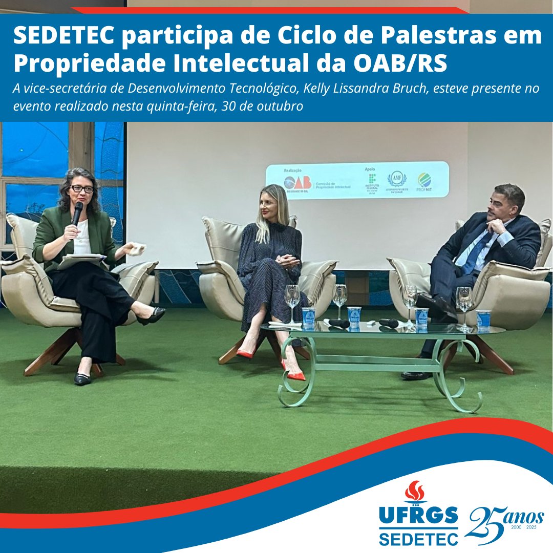 SEDETEC participa de Ciclo de Palestras em Propriedade Intelectual da OAB/RS

A vice-secretária de Desenvolvimento Tecnológico, Kelly Lissandra Bruch, esteve presente no evento realizado nesta quinta-feira, 30 de outubro

Saiba mais: ufrgs.br/sedetec/sedete…