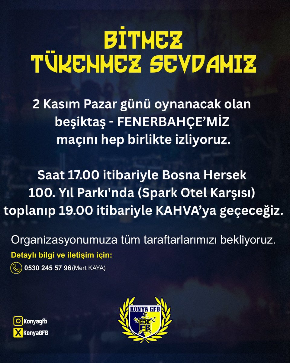 Konya GFB ailesi olarak b*şiktaş - FENERBAHÇE’MİZ maçını hep birlikte izliyoruz!

#KonyaGFB