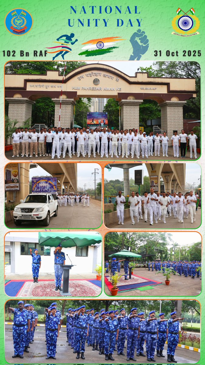 102_raf's tweet photo. 102 Bn RAF organized "Run for Unity" followed by Oath Ceremony reaffirming the unity of the Nation on "National Unity day" and paid homage to Sardar Vallabhbhai Patel on his 150th birth anniversary. 
#RunForUnity 
#NationalUnityDay https://t.co/GH7pvgmcFf