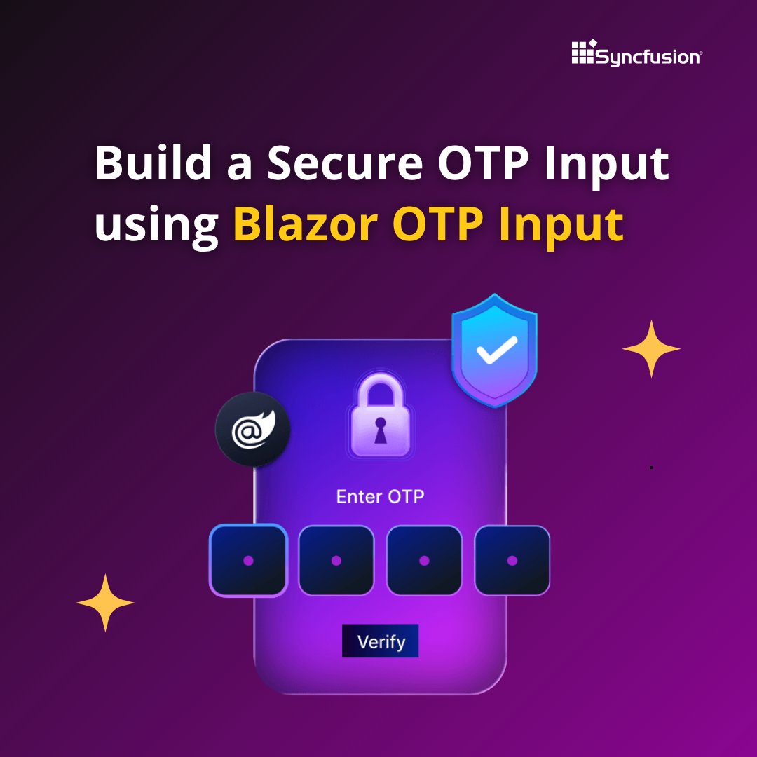 Syncfusion's tweet image. Tired of complex authentication setups?
Add OTP-based authentication to your Blazor apps effortlessly with the Blazor OTP Input component.
Let’s explore its features one by one.
➡️ Next: Input types 👇
#Blazor #Input #Authentication #OTPInput
(1/7)