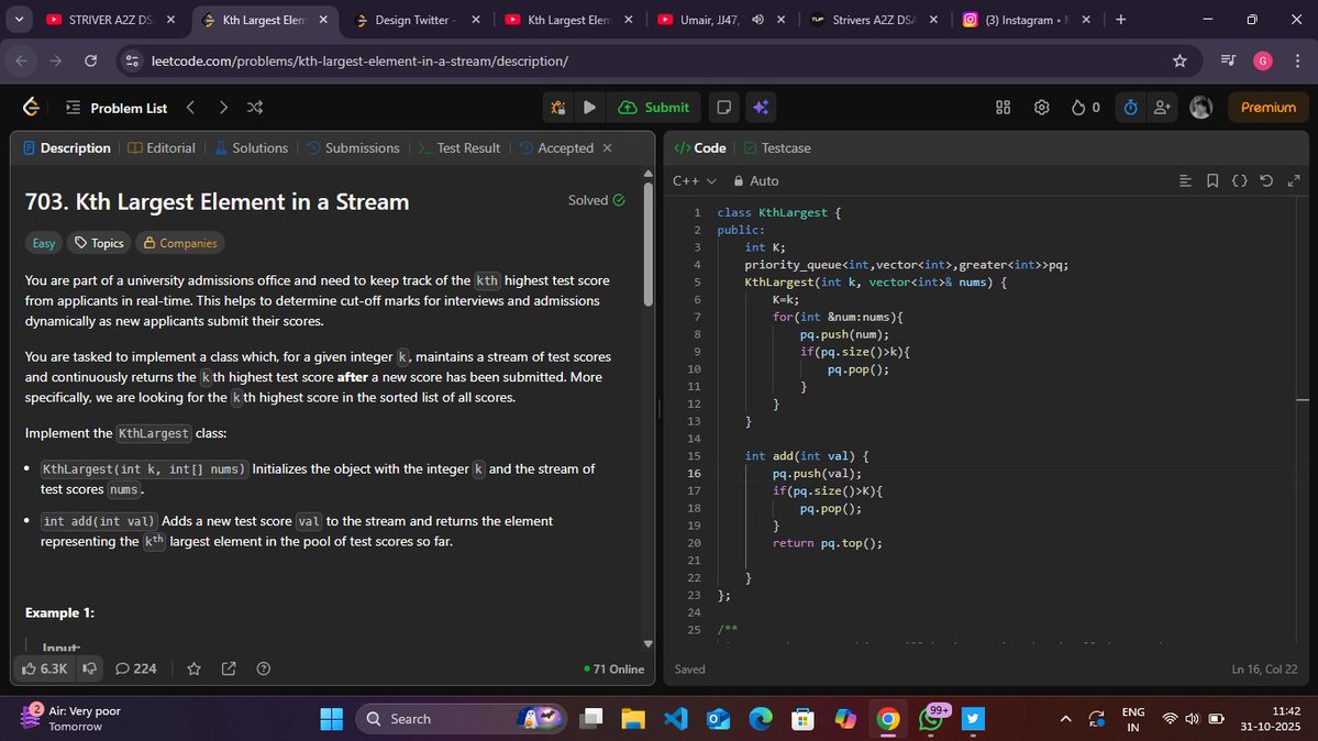 gauravnickk777's tweet image. Today's Progress 💻🔥
DSA: Kth Largest Element in Stream, Design Twitter (honestly, one of the best questions 🥺), Maximum Sum Combination, Top K Frequent Elements ⚙
Japanese practice — 1 hour 🈶📖
#DSA #ProblemSolving #CodingJourney #Japanesewomen