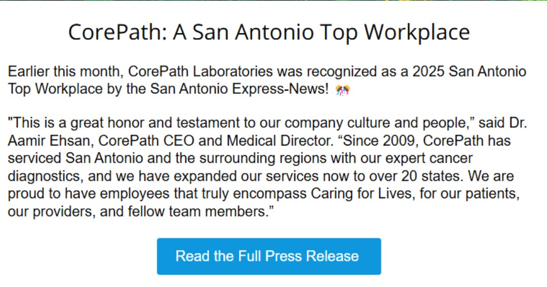 CorePath's tweet image. Our latest Client eNewsletter is out now! View now at: 
bit.ly/435bBV1

#TopWorkplaces #HR #SanAntonio  #TWP2025 #Healthcare  #Teamwork #Laboratory #LabLife #Internship #Rotation #HemePathHub #Pathology #NGS #Testing #Molecular #Hematology #MedEd #MedicalEducation