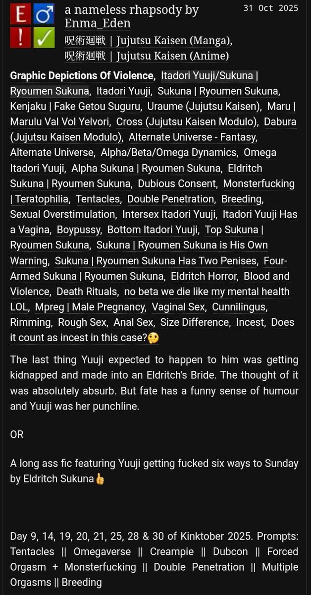 NehanHaides's tweet photo. *crawls and hands fic over to yall* Ha- happy Halloween *d!es*
🥀 a nameless rhapsody
🥀 #sukuita / #ryouita
🥀 Rated E | 13k+ words
🔗 https://t.co/Ouav3EORwq https://t.co/Dn1dEVlYMq