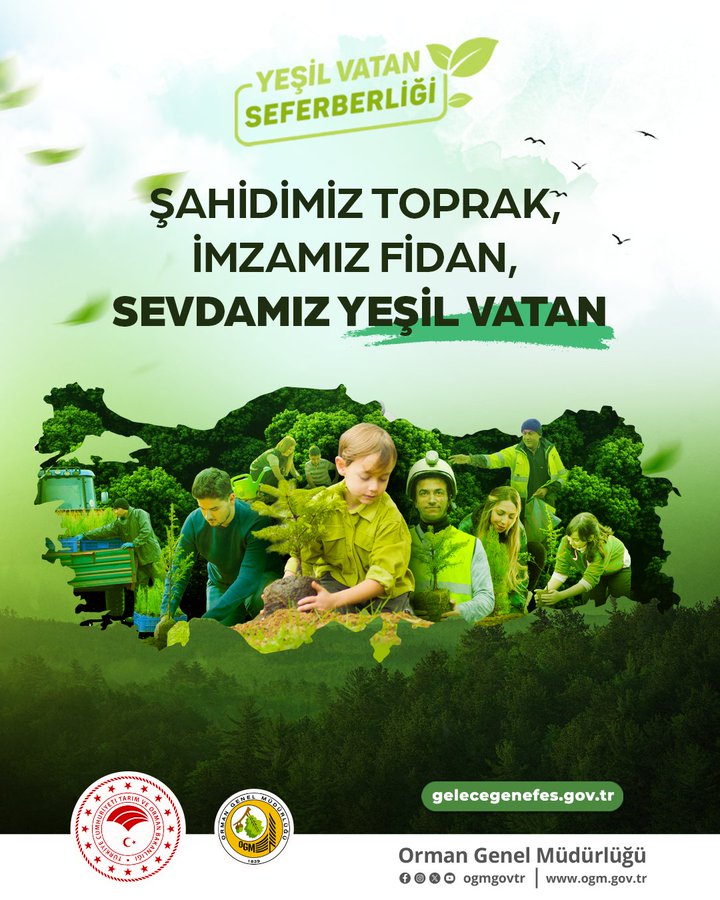 Collage image with map outline of Turkey filled with green forests and people including men women and children in safety vests planting saplings in soil under sunny sky with Turkish flags and official logos at bottom.