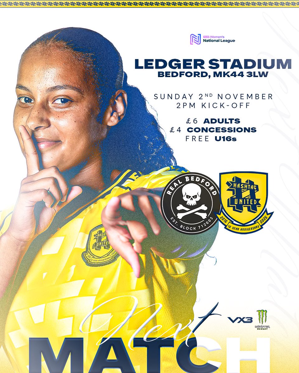 🅽🅴🆇🆃 🆄🅿

It’s an awayday to high flying Real Bedford in the league this weekend! 👀

🆚 <a href="/RBFCWomen/">Real Bedford Women</a> 
🏆 <a href="/FAWNL/">FA Women's National League</a> 
🏟️ Ledger Stadium
📍 Bedford MK44 3LW
🗓️ Sunday 2nd November
⏰ 2pm
💷 pay.zaprite.com/pl_xD88bDL6xB
🎥 Combined highlights with Billericay next week 👀 

#UPTHETAGS