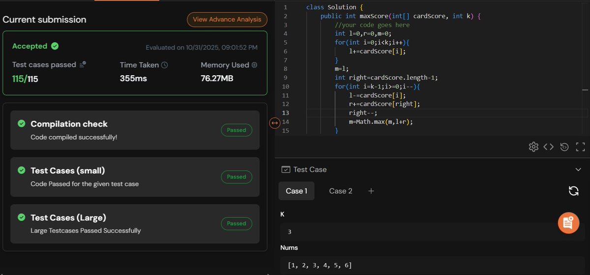 rajeshboya89's tweet image. Day 19 – #TUFWinterArc ❄️

Solved Maximum Points You Can Obtain from Cards 🃏
Perfect mix of sliding window &amp;amp; array edge logic! 

@striver_79  @takeUforward_ 
#TakeUForward #TUF #DSA #Coding