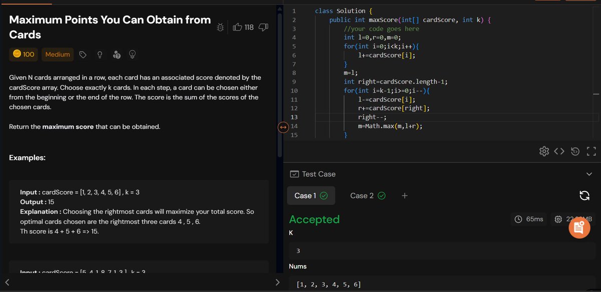 rajeshboya89's tweet image. Day 19 – #TUFWinterArc ❄️

Solved Maximum Points You Can Obtain from Cards 🃏
Perfect mix of sliding window &amp;amp; array edge logic! 

@striver_79  @takeUforward_ 
#TakeUForward #TUF #DSA #Coding