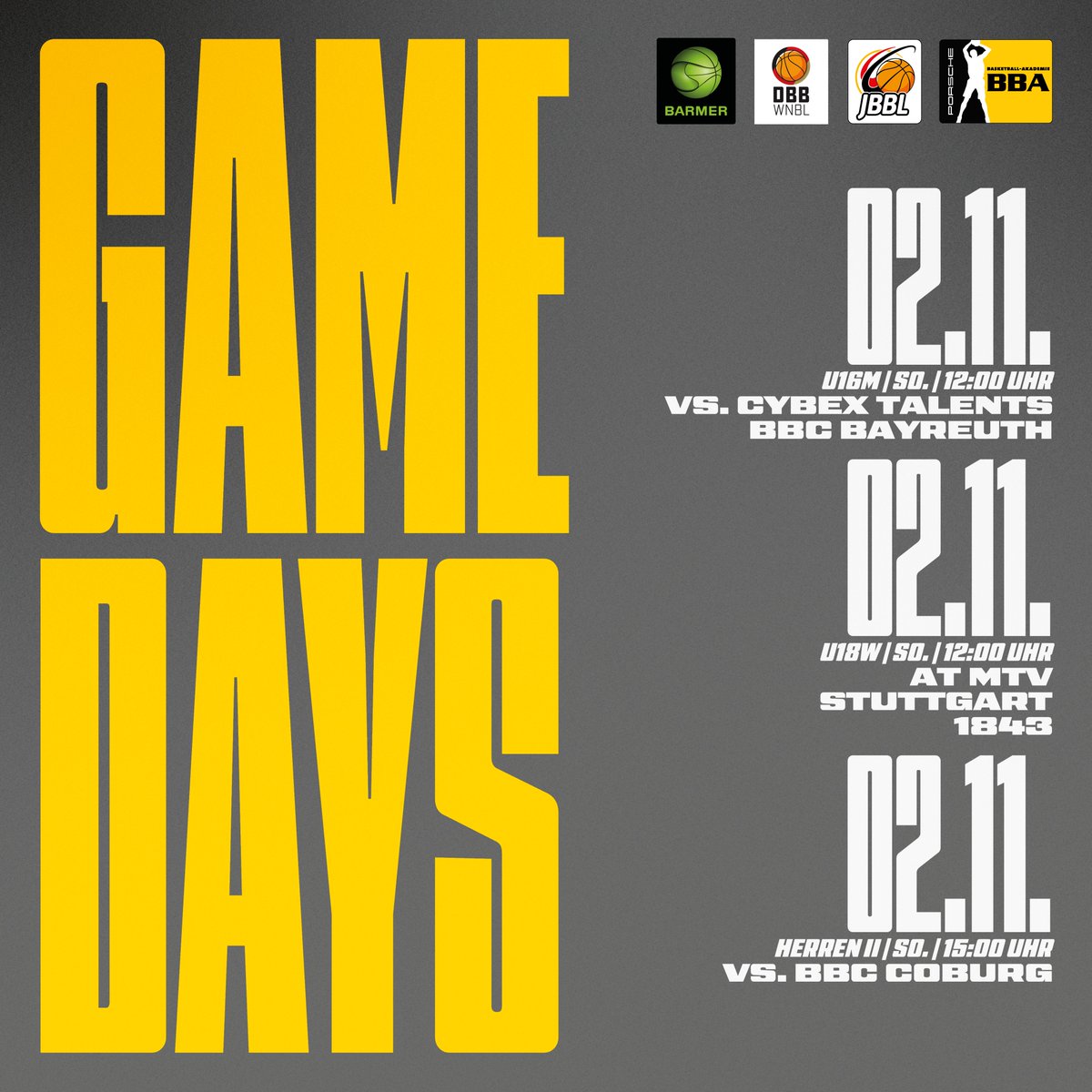 Ferien hier, Feiertage dort: Der Spielplan bleibt über Halloween und Allerheiligen ziemlich ausgedünnt. Dafür gibt's am Sonntag den Heimspiel-Doubleheader und das WNBL-Derby in Stuttgart. 

#turbofürtalente