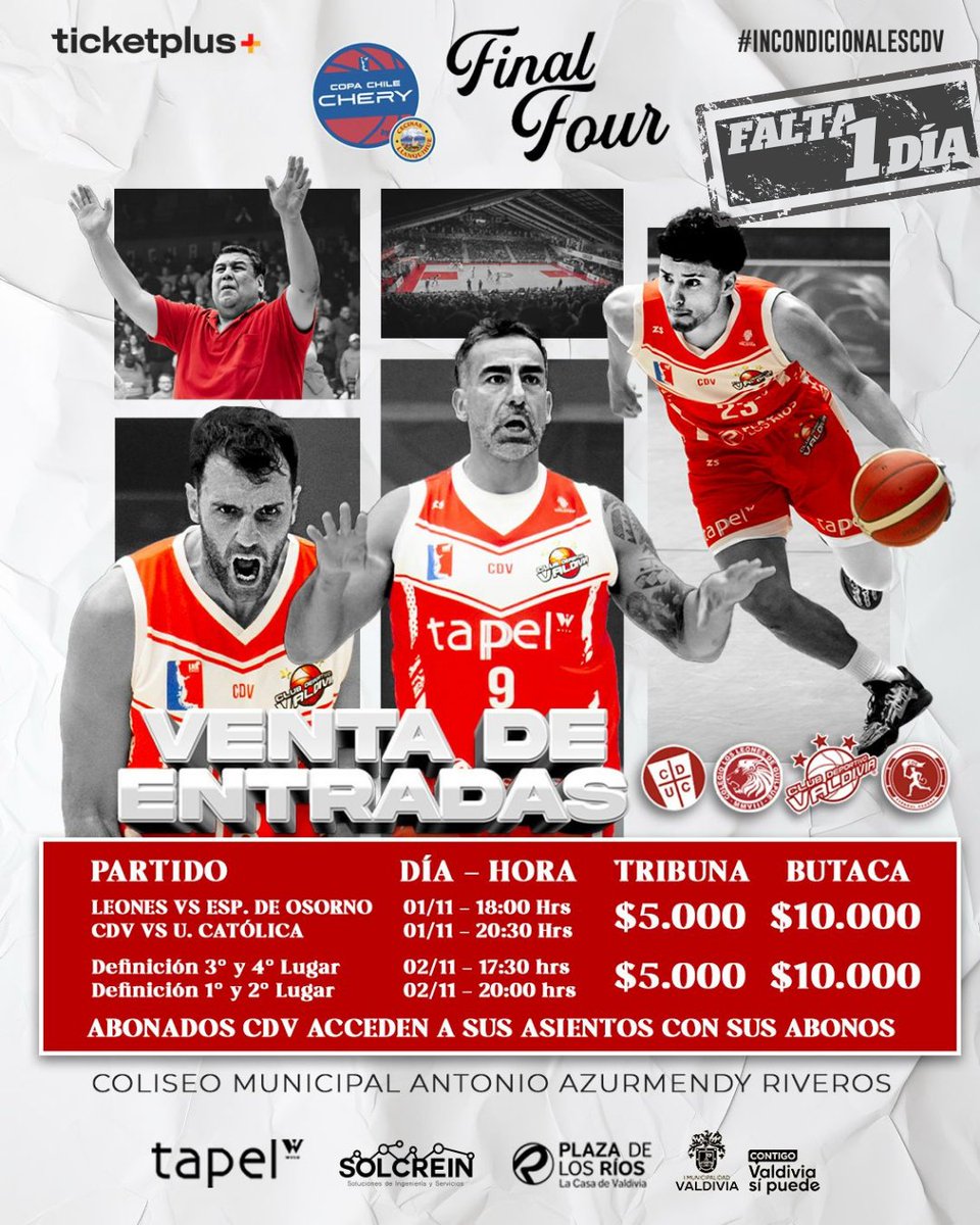 🏀 | ¡𝐘𝐀 𝐏𝐀𝐋𝐏𝐈𝐓𝐀𝐌𝐎𝐒 𝐋𝐀 𝐂𝐎𝐏𝐀 𝐂𝐇𝐈𝐋𝐄!

🎟 A UN DÍA de comenzar la fiesta... ¡no te quedes fuera! Entradas en Ticketplus.
🔥 ¡Asegura tu asiento!

Sábado 1
bit.ly/CopaChileSabado
Domingo 2
bit.ly/CopaChileDomin…

#IncondicionalesCDV #ValdiviaCDV #VamosCDV