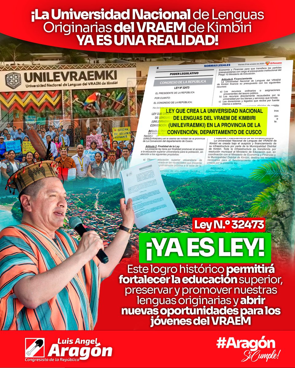 🎉📚 ¡Histórico! 🇵🇪
El VRAEM y Kimbiri ya tienen su Universidad Nacional de Lenguas Originarias.
Ley N.º 32473 publicada en El Peruano.
Un sueño hecho realidad para la juventud del VRAEM: educación, desarrollo y orgullo cultural. 🌱👩‍🎓👨‍🎓
#VRAEM #Kimbiri #EducaciónSuperior