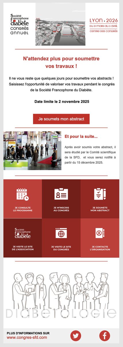 #congrès SFD de Lyon du 31 mars au 3 avril 2026

‼️ Date limite : dimanche 2 novembre 2025 ‼️

🚨 Pour soumettre votre abstract 👇👇👇
congres-sfd.com/soumissions-3/

✅  Informations sur le congrès : congres-sfd.com
✅  S'inscrire au congrès SFD 2026 : congres-sfd.com/inscription/