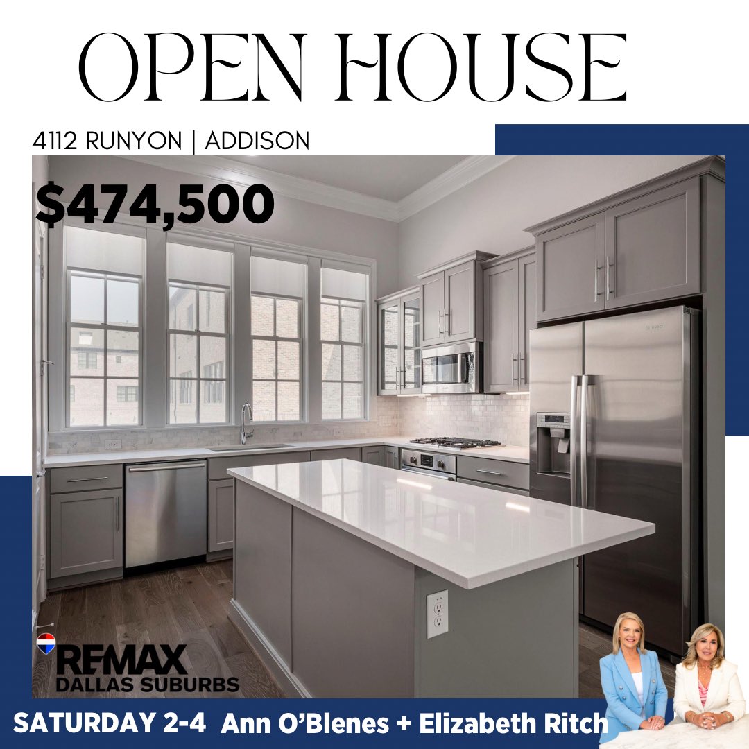 performgroup's tweet image. 🏡 Open House this Saturday 2–4 PM!
Come see this gorgeous Addison home at 4112 Runyon — listed at $474,500. Modern kitchen, tall windows, and that perfect open layout everyone loves.

Hosted by Ann O’Blenes + Elizabeth Ritch with RE/MAX Dallas Suburbs ✨

#OpenHouse #AddisonTX