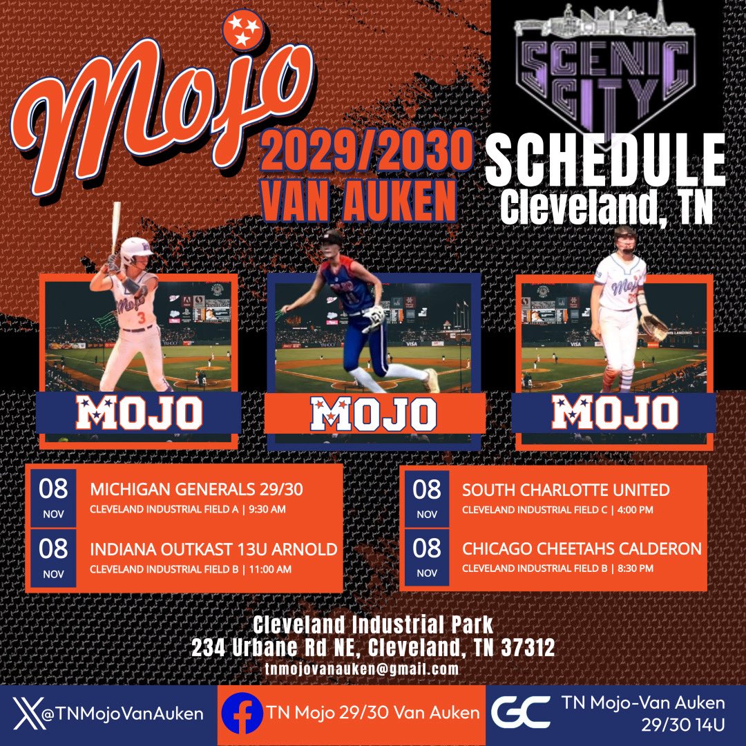 TNMojoVanAuken's tweet photo. Here is our schedule for Scenic City coming up next weekend. Come out and watch our girls compete! #MojoNation https://t.co/as9Ckmvg6p