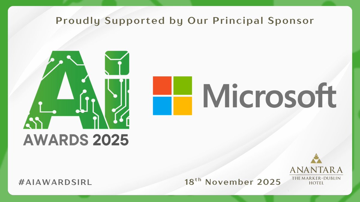 Microsoftirl's tweet image. We&apos;re proud to announce that #MicrosoftIreland is once again partnering with @AIAwardsIrl as the Principal Sponsor of the 2025 AI Awards, on 18 November.

We can&apos;t wait to celebrate the individuals and teams delivering real impact with AI across Ireland.

#AIAwards2025 #IrishTech