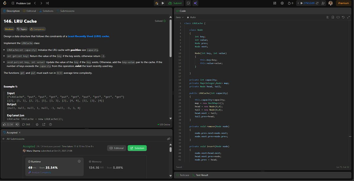 StuMsharma's tweet image. It was fun to solve this question.
LC-146
#Java #LeetCode #DSA