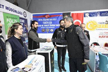 First image shows a man in black jacket and cap shaking hands with a man in suit against a building with Turkish flags and Malatya banner. Second image depicts rows of seated people in suits and traditional attire in a red-carpeted auditorium with Turkish flags, flowers, and book fair banners. Third image captures a man in suit speaking at a white podium with microphones in front of a large banner for 11. Malatya Anadolu Book Fair, including guitars and chairs nearby. Fourth image features police officers and civilians in uniforms and casual clothes at an exhibition stand with Turkish flags, informational banners about police services, and a table.