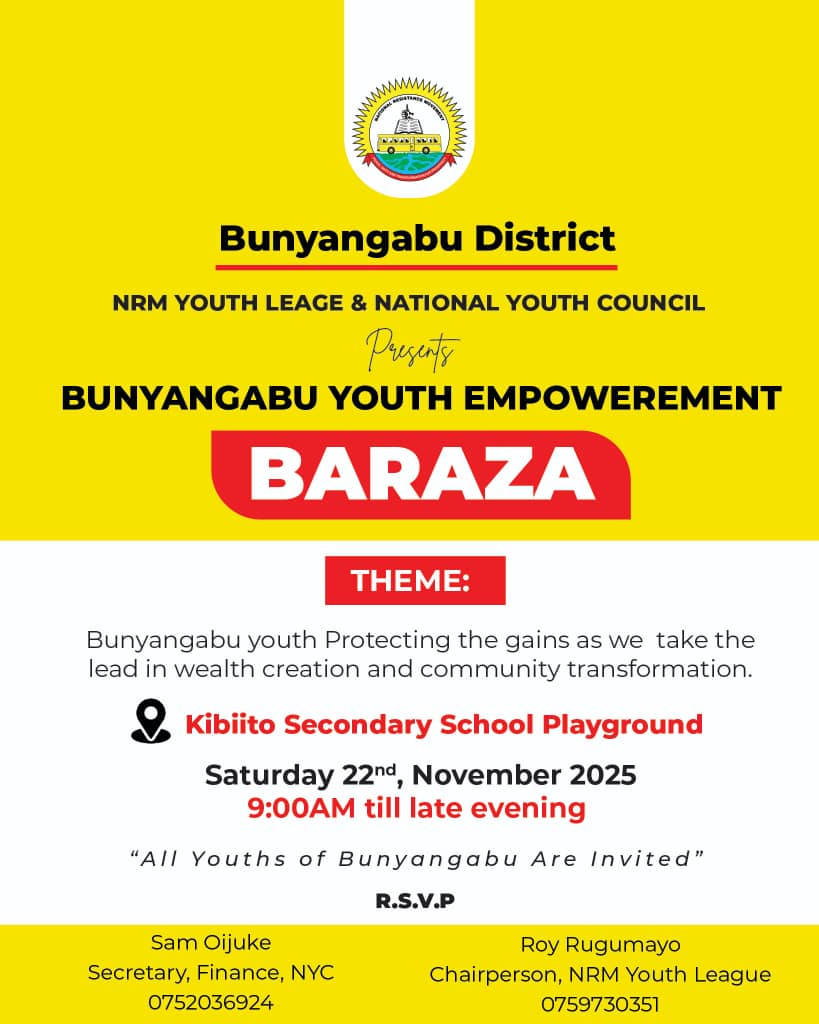 Youths of Bunyangabu District are gathering at Kibiito secondary school Playground on 22nd November in a Baraza to endorse Muzeeyi, launch youth saccos from 15 sub counties, showcase music &amp; other talents etc.
<a href="/PNyamutoro/">Phiona Nyamutoro</a> , <a href="/BalaamBarugahar/">Barugahara Balaam Ateenyi.</a>, <a href="/TodwongR/">Todwong Richard</a> , <a href="/CeasorMulenga/">HM King Ceasor Mulenga T.G</a>, <a href="/EngJonard/">Hon. Eng Asiimwe Jonard.</a>