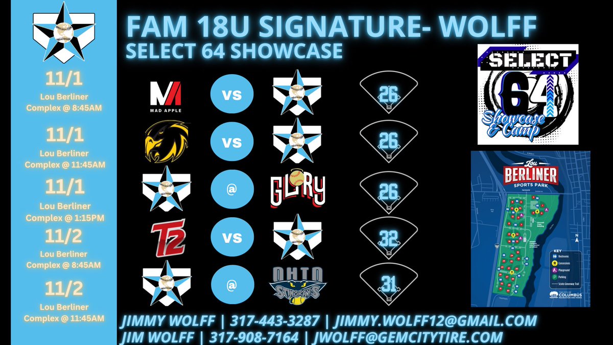 🔋WE ARE BACK🔋
1️⃣ 8:45am vs Mad Apples
2️⃣ 11:45am vs Ohio Hawks
3️⃣ 1:15pm vs Texas Glory
4️⃣ 8:45am vs Turnin2
5️⃣ 11:45am vs OH Stingrays
<a href="/IN_BAMFAM/">Baseball/Fastpitch Academics Midwest</a> <a href="/SelectShowcase/">Select-Showcases</a>