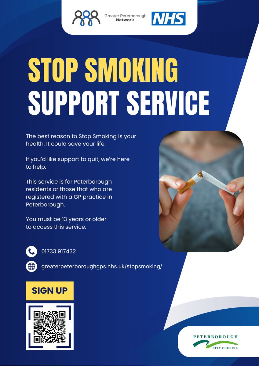 We now offer free 1:1 support for Peterborough residents (13+) in person or by phone. Stop smoking aids may also be available.

💻 More info: greaterpeterboroughgps.nhs.uk/stopsmoking
📞 Call: 01733 917432

Let’s make quitting achievable!