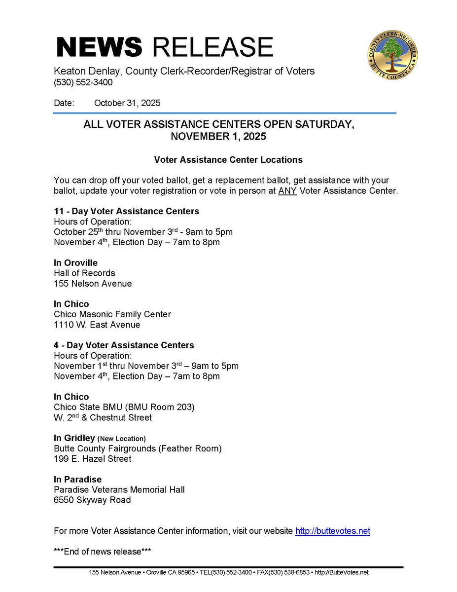 All five of our voter assistance centers will be open starting tomorrow November 1st.  You can find their locations along with all of our ballot drop boxes at buttevotes.net