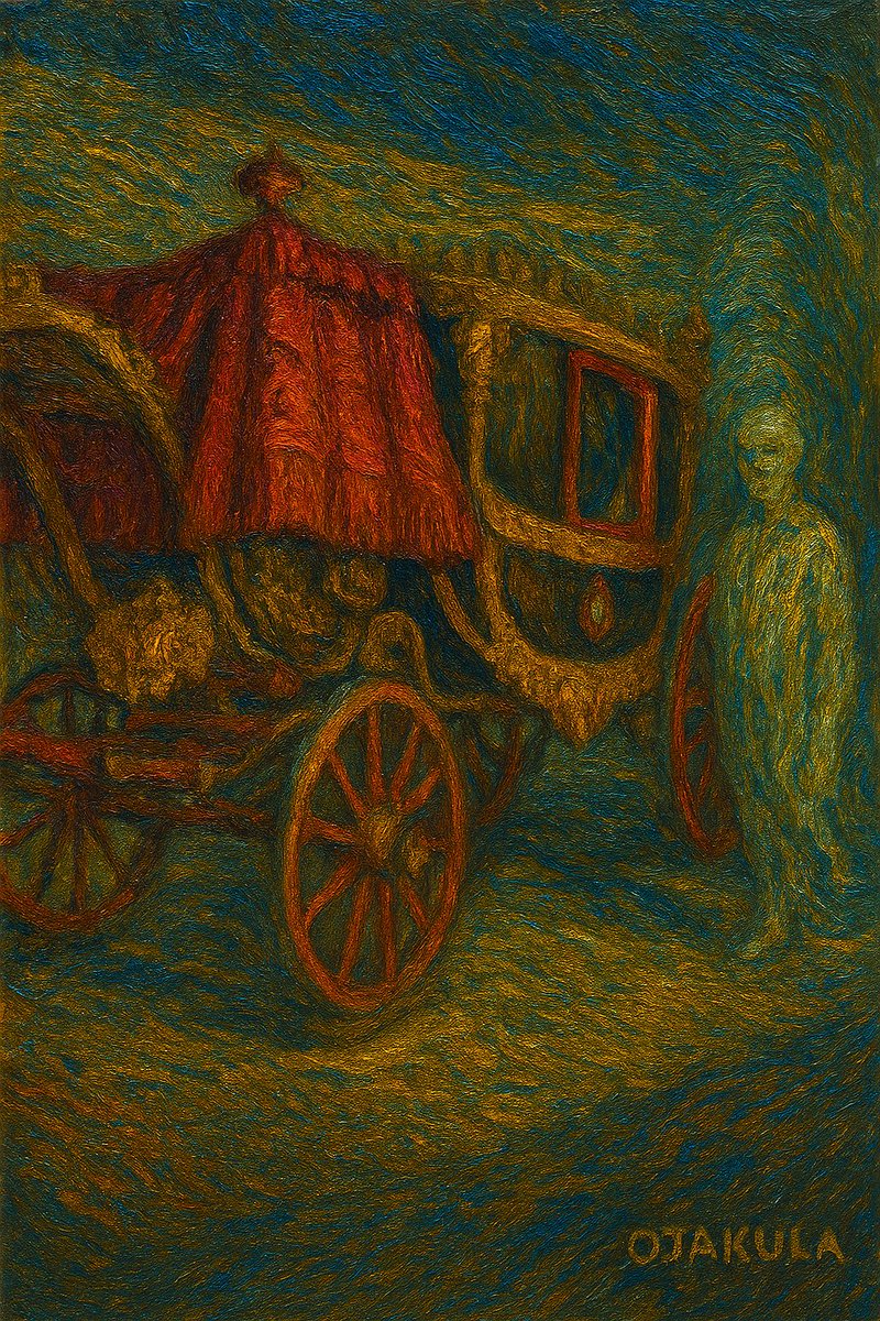 ojakuela's tweet image. ✨ “The One Who Never Came” A golden carriage draped in weary velvet waits in silence. Once a vessel of grandeur, now a relic of forgotten journeys. But look closer—beside it stands something... someone?
#Tragicomedy #TimeMachine #ArtScene