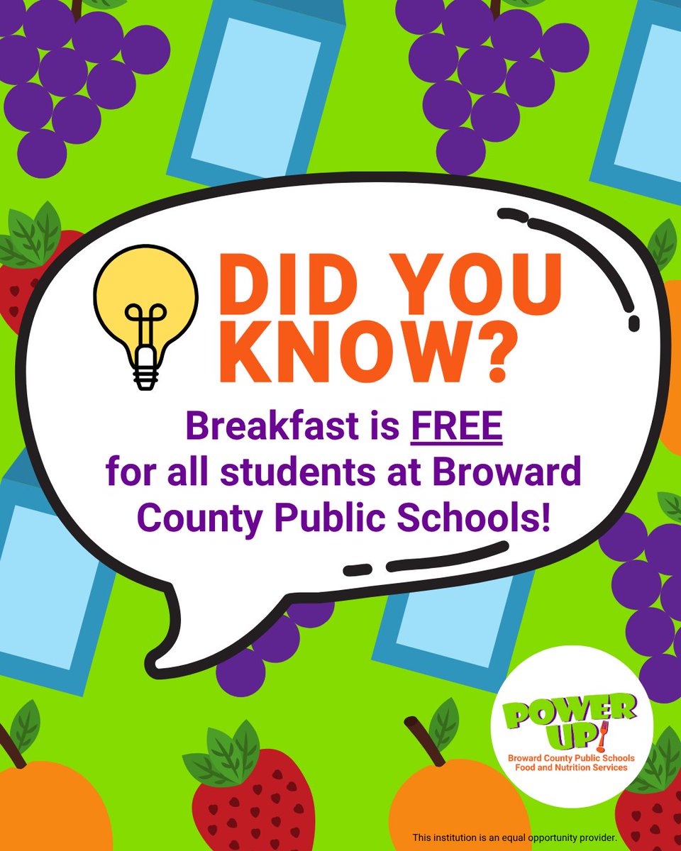 Rise and shine, <a href="/browardschools/">Broward County Public Schools</a>! ☀️ Free breakfast is waiting for every student—no cost, no catch. 🥣🥑

Families, don’t forget to fill out a Meal Benefits Application to possibly qualify for free or reduced-price lunch this school year. Apply now: myschoolapps.com