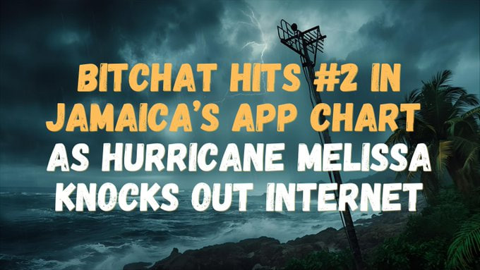 🇯🇲 비챗(Bitchat)이 자메이카의 앱 차트 2위를 차지하며, 카리브해에 허리케인 멜리사가 몰아치고 있습니다.

미 시속 185마의 강풍이 인터넷과 휴대폰 네트워크를 마비시키는 가운데, 한 앱이 인터넷 없이도 사람들을 연결하고 있습니다.

1️⃣ 비챗은 잭 도르시(Jack Dorsey)의 분산형 메시징 앱으로,