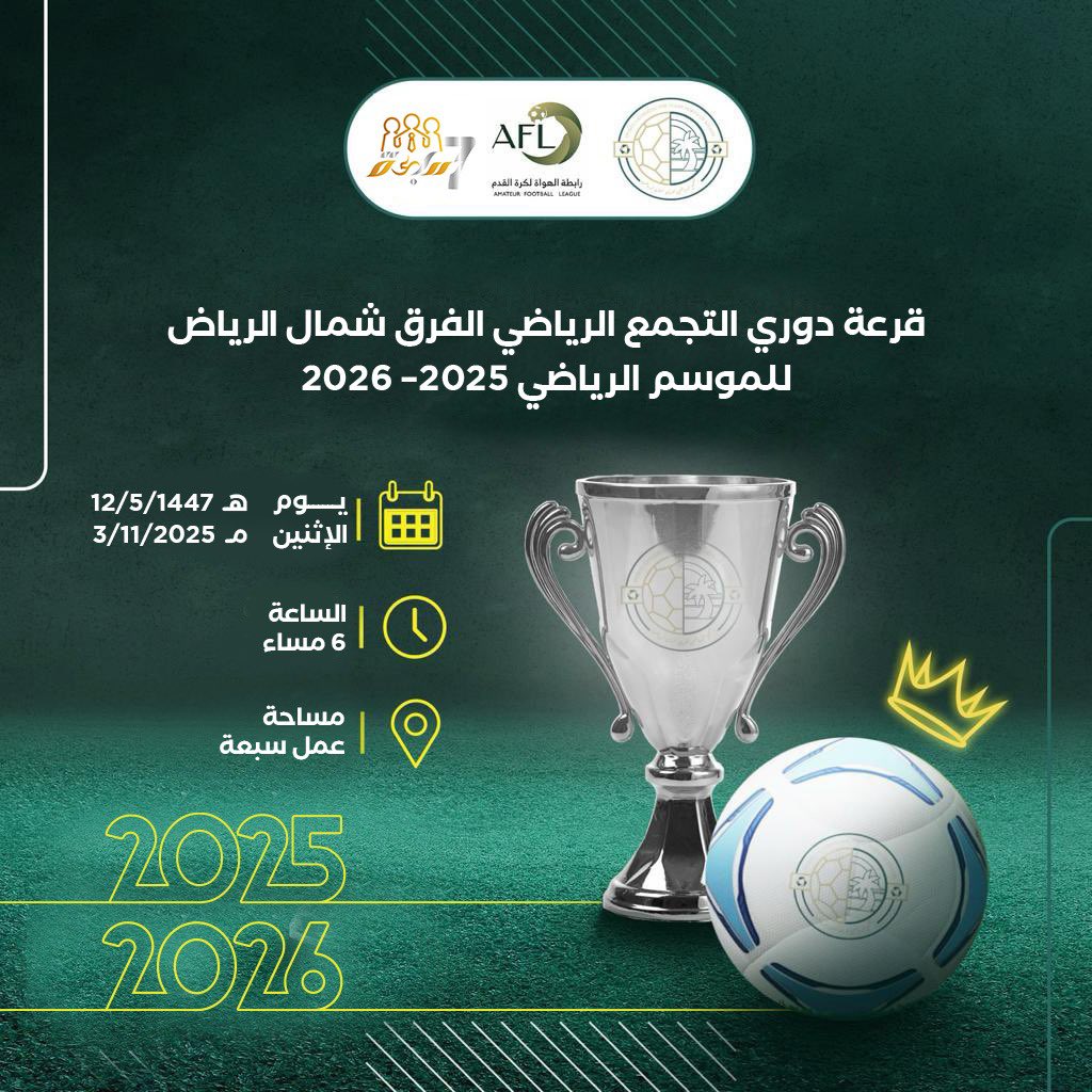 NorthernRUA's tweet photo. قرعة بطولة الدوري 2025-2026

 #التجمع_الرياضي_لفرق_شمال_الرياض https://t.co/VawTDhxJPf