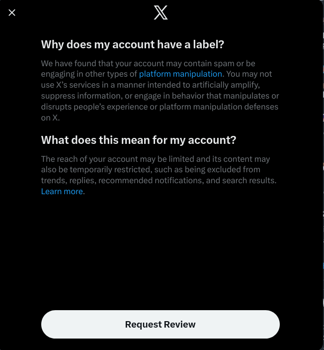 officially shadow banned now. does that mean I have arrived? and for this Xeet, of all things: x.com/HumanProbably2…