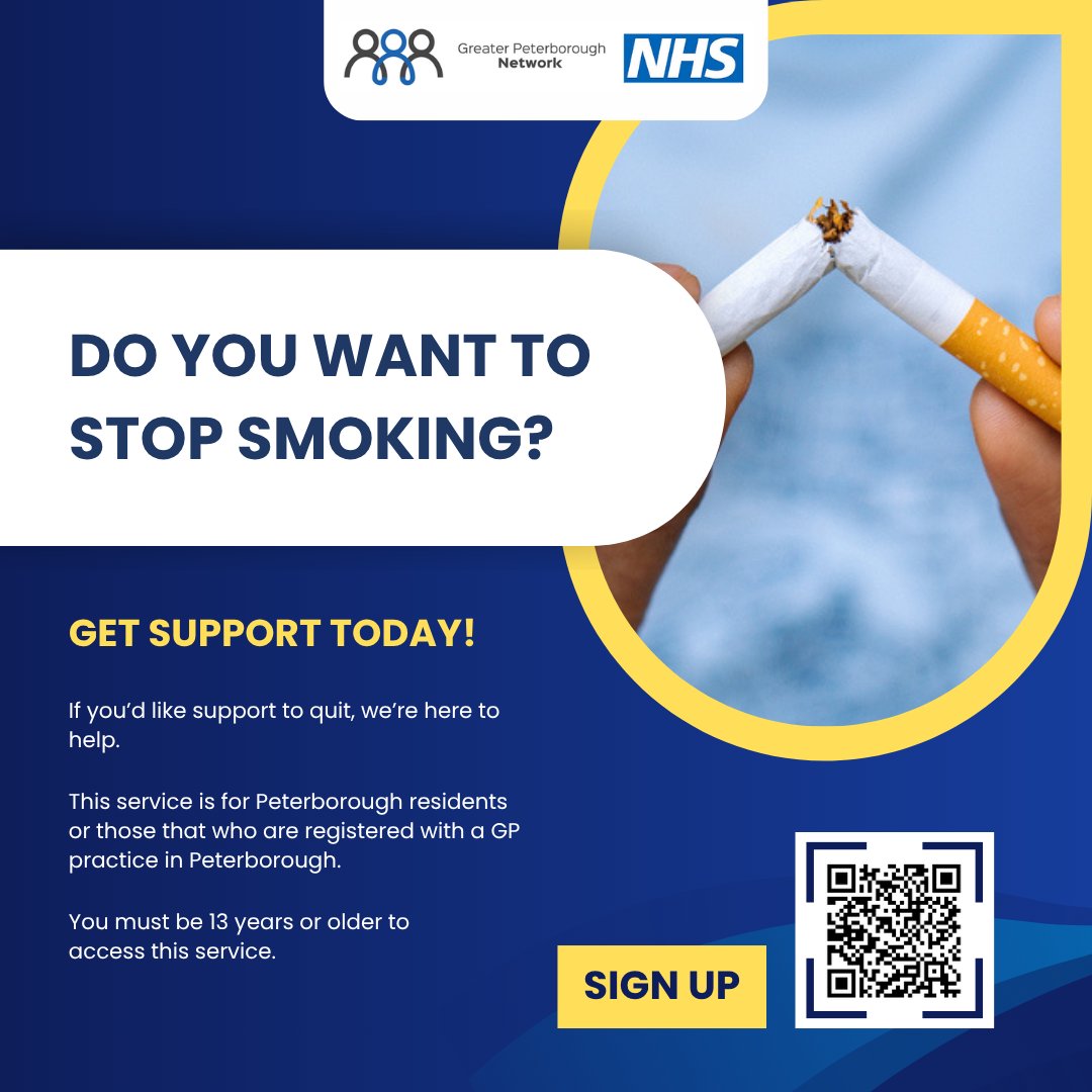 🚭 Ready to quit smoking? Greater Peterborough Network offers 1:1 support for residents 13+, in person or by phone. Nicotine aids may be available.

💻 Info: greaterpeterboroughgps.nhs.uk/stopsmoking
📞 01733 917432

Take the first step today!