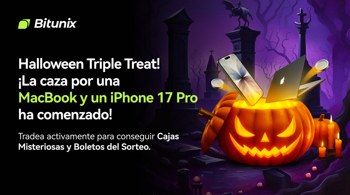 BitunixES's tweet image. 🎃 Halloween Triple Treat!
Tradea y gana un MacBook o iPhone 17 Pro 💻📱
📅 31 de octubre – 16 de noviembre (UTC)
🎁 Cada 1,000 USD en trading = 1 Caja Misteriosa
🎯 Cada 10,000 USD en trading = 1 Ticket de Sorteo
🕒 Sorteo: 17 de noviembre
👉 short.bitunixads.com/mu7W5kp2