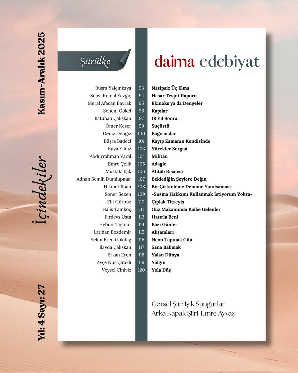 Daima Edebiyat, Kasım-Aralık 2025 tarihli 27. sayısıyla okurlarıyla buluştu. Öykücü Muhammet Erdevir’in genel yayın yönetmenliğinde Gaziantep’te yayımlanan dergi, 2022’de başladığı yolculuğunda dört yılı geride bırakarak beşinci yılına adım atıyor.

dergipo.com/urun/daima-ede…