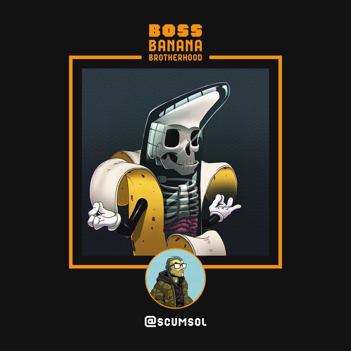 zen0m's tweet image. In the upcoming @BossBanana_AI collection, a few lucky minters will uncover exclusive 1/1s from some of Solana&apos;s best. Here&apos;s your first peek at one of those.

Be there on mint day, and you might stumble across this guy...

&quot;Barry Bones the Banana&quot;, by none other than @SCUMSOL.