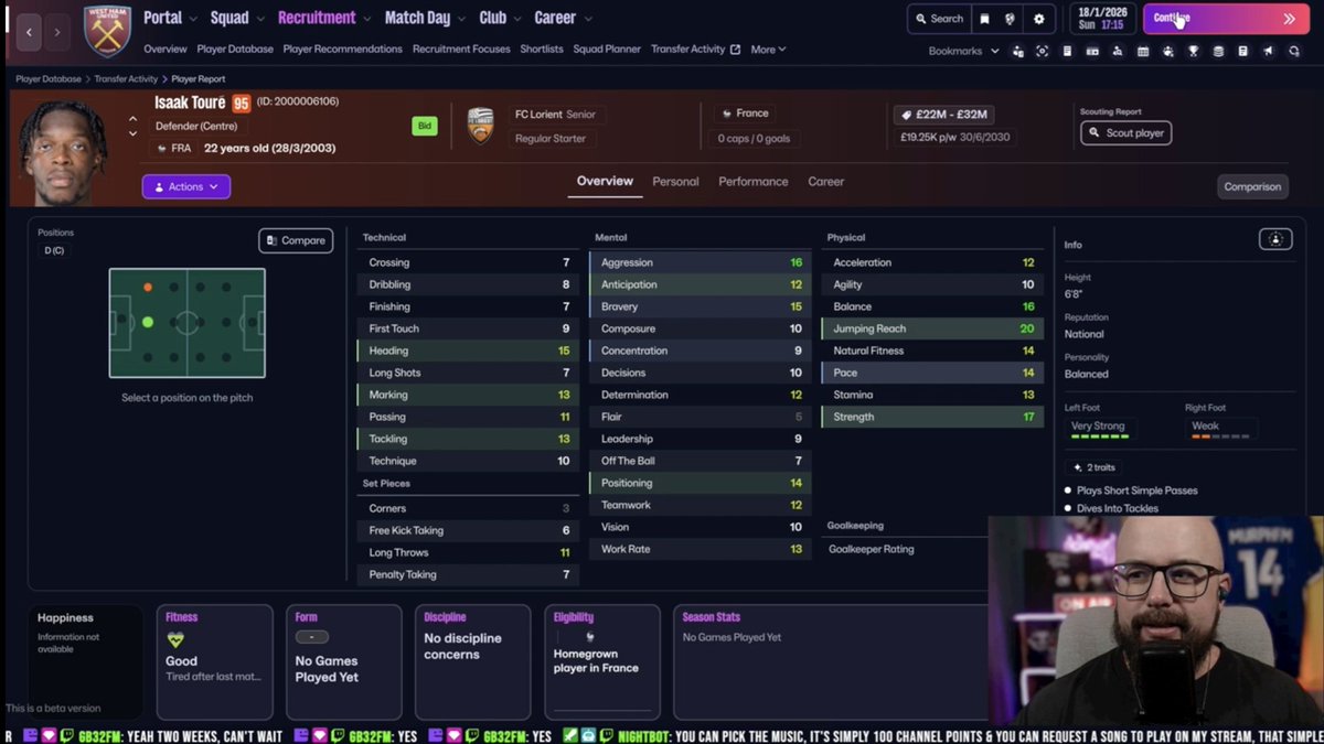 Today I signed a 6'8 CB with 20 Jumping Reach on stream and I cant stop thinking about him.

#FM26 #footballmanager26