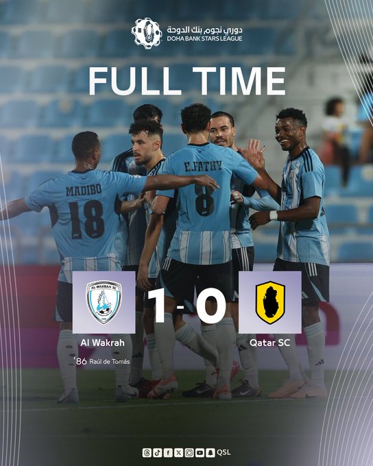 Graphic with Arabic and English text announcing full-time, showing Al Wakrah team logo on left and Qatar SC on right, score 1-0 in favor of Al Wakrah, Doha Bank Stars League branding at top, photo of four Al Wakrah players in blue Argentina-style uniforms with numbers 18 and 8 visible, embracing and celebrating victory, QSL watermark at bottom.