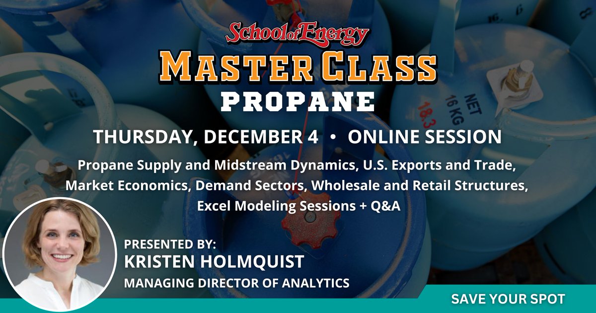 Join us for RBN's Propane Master Class on Thursday, December 4! This is a one-day online program that examines #propane fundamentals, market economics, and demand segments. We'll follow propane’s long and winding road from well to retailer, PLUS interactive Excel modeling