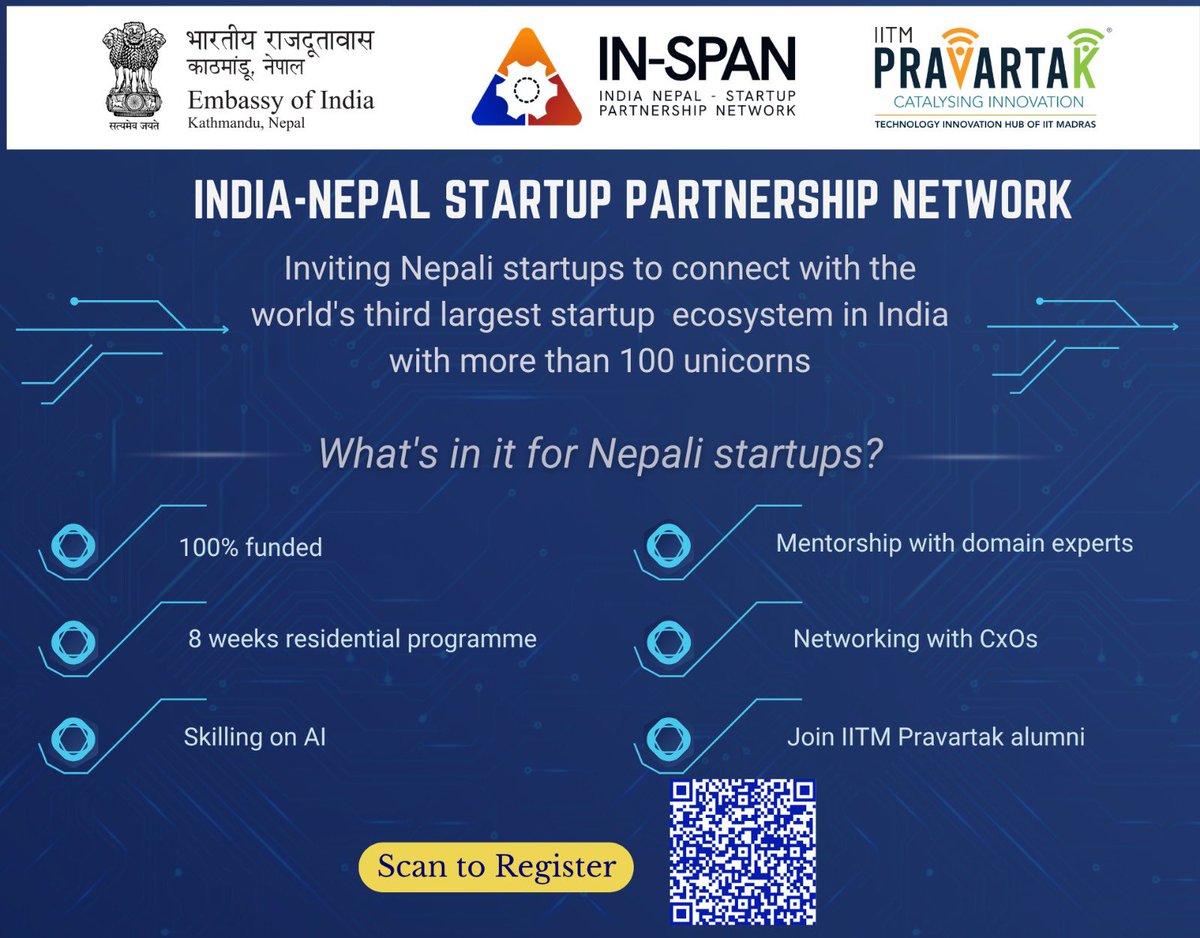 🌱 Are you a budding startup in 🇳🇵 ?
💡An entrepreneur in 🇳🇵 with a big idea

Here is an opportunity to give wings to your ideas! 🪽

🤝 IN-SPAN - a new Startup platform for  🇳🇵 startups to connect with the vibrant Startup Ecosystem in 🇮🇳.  To take you from concept to creation ➡️