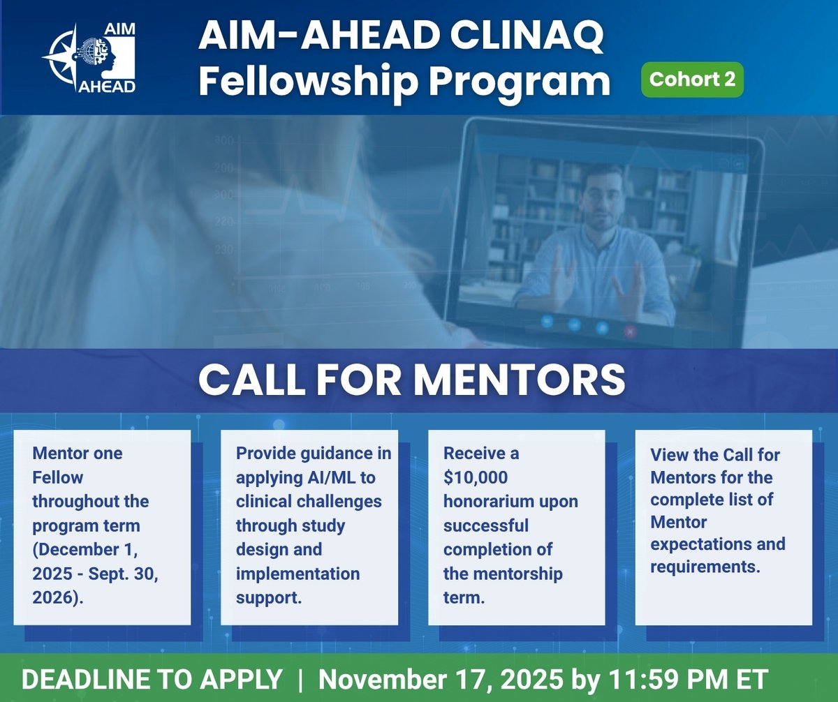 The AIM-AHEAD CLINAQ Fellowship is still accepting mentor applications for Cohort 2!

💼 Guide clinician-researchers applying AI/ML to real-world clinical challenges.

💰 $10,000 honorarium upon completion

🗓️ Apply by Nov 17, 2025 (11:59 PM ET)

🔗 Link in Bio!

#AIMAHEAD
