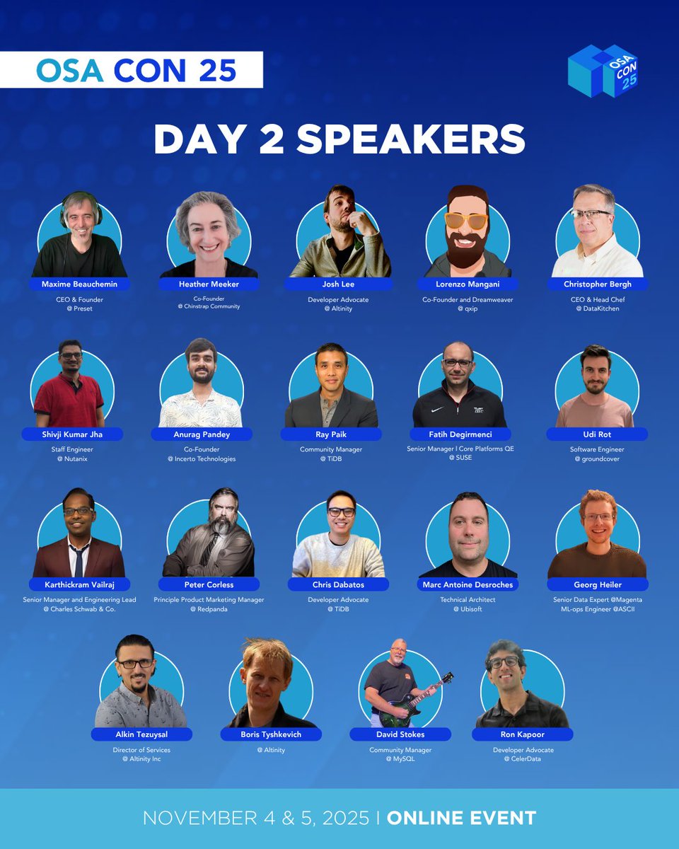 AltinityDB's tweet image. Join #OSACON 2025 (Nov 4–5) to learn how tools like Iceberg, #Kafka, DuckDB, Superset, Postgres, #ClickHouse®, &amp;amp; Vector DBs are reshaping data performance, scale, &amp;amp; interoperability for modern systems &amp;amp; AI.  

🌎 Online + free 
🎟️ osacon.io
⏯️ Replays available