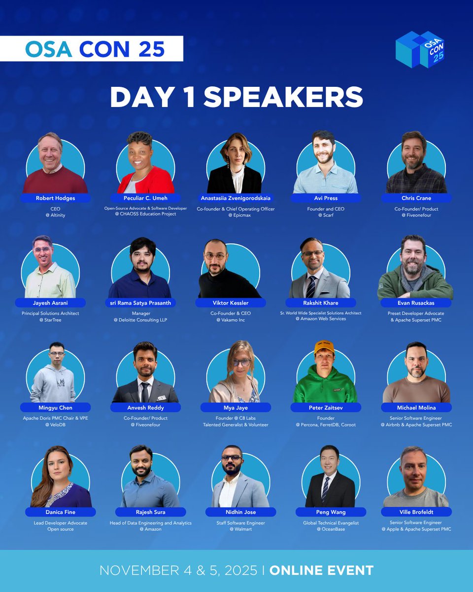 AltinityDB's tweet image. Join #OSACON 2025 (Nov 4–5) to learn how tools like Iceberg, #Kafka, DuckDB, Superset, Postgres, #ClickHouse®, &amp;amp; Vector DBs are reshaping data performance, scale, &amp;amp; interoperability for modern systems &amp;amp; AI.  

🌎 Online + free 
🎟️ osacon.io
⏯️ Replays available