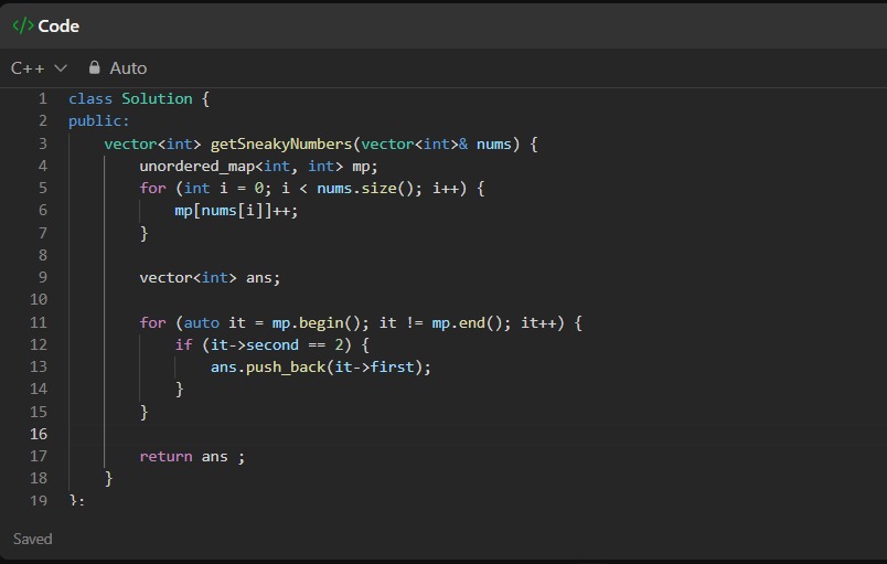 23GuptaSarthak's tweet image. Day 76/100 - #LeetCode
🔹The two sneaky number of digitville 
Algo:
1️⃣ store in a map from array
2️⃣ Iterate over a map and store if count is 2 and return that array
#100DaysOfCode #LeetCode #CPP #DSA